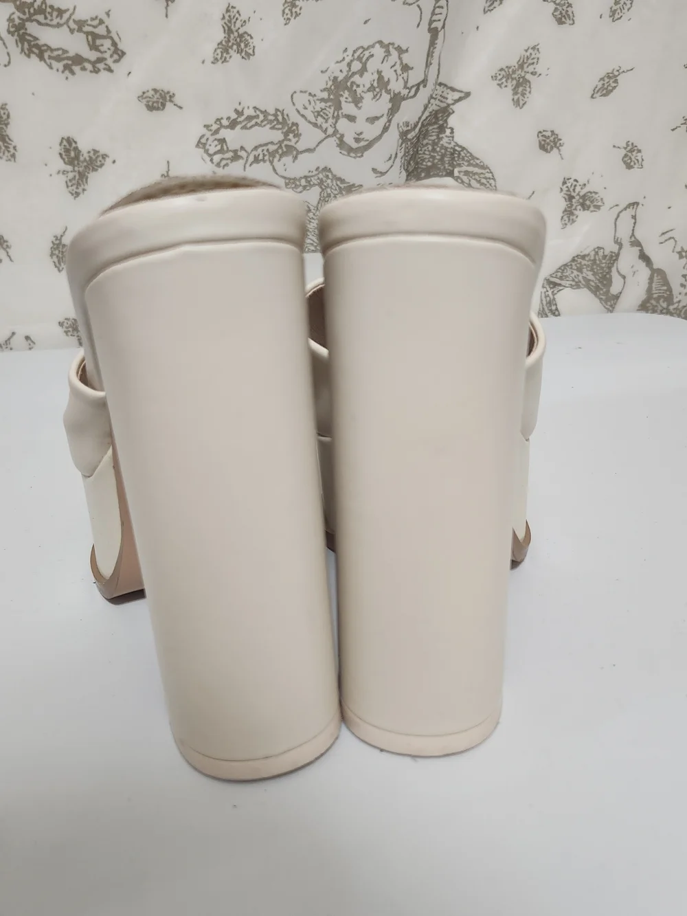 Oh Polly Beige Chunky Platform Slide Heels